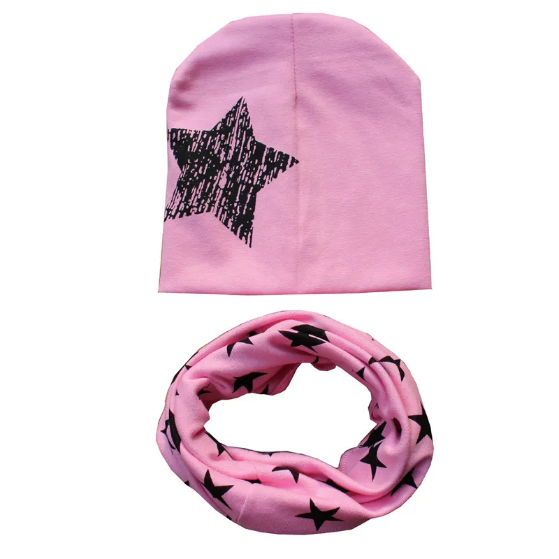 pink star 2 шт./компл.; шапка и шарф для малышей из хлопка с мультяшными принтами на весну с принтом детские шапки шарфы для мальчиков и девочек, мягкая шапочка воротник осенний детский головной убор, комплект детской одежды - Цвет: pink star