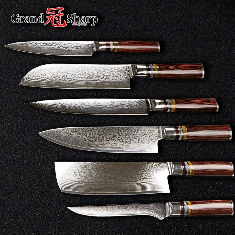 Damascus Chef Knife Set 6 pcs vg10 Japanese Steel Kitchen Knives Professional Cooking Tools Best Family Wedding Gift | Дом и сад