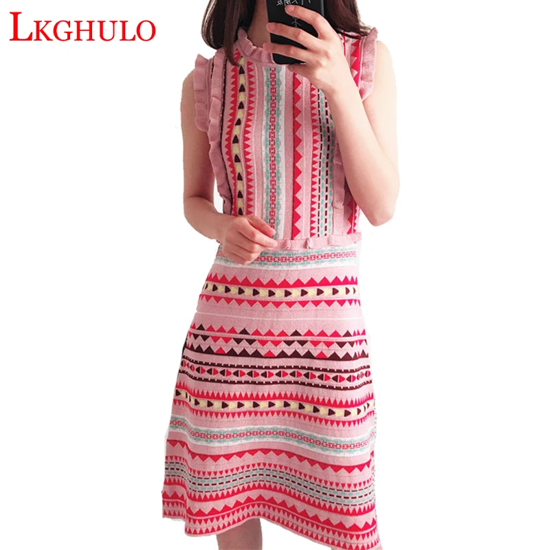 Высококачественное итальянское 2018 летнее Новое вязаное платье женские радужные