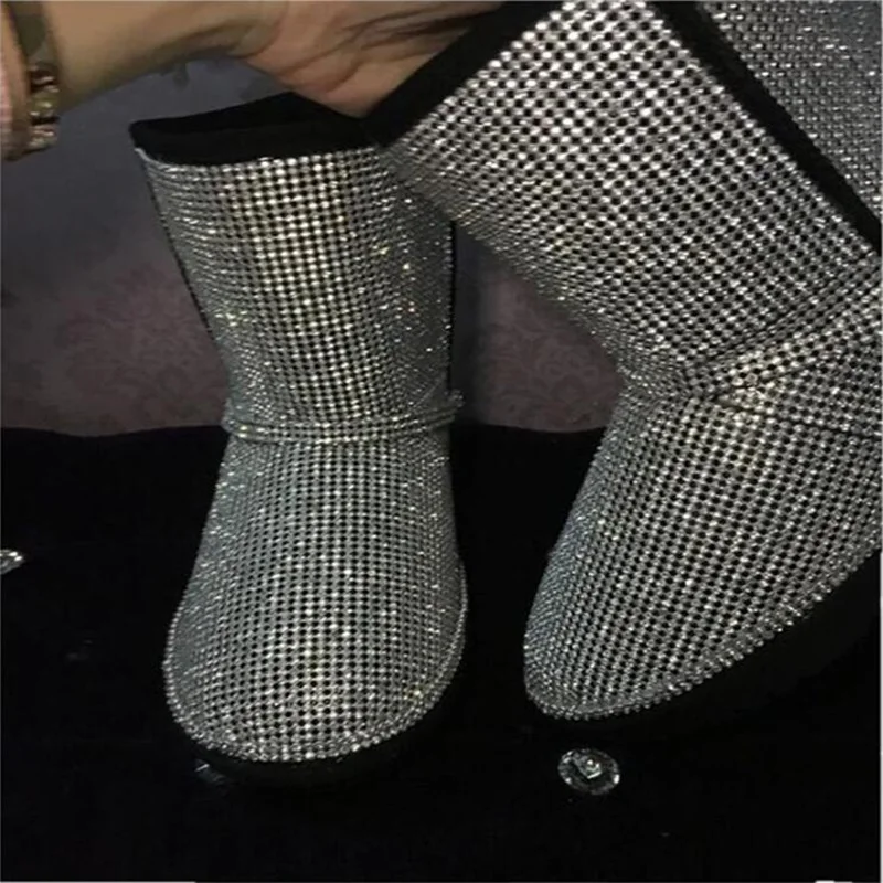 Зимние короткие ботинки Bling черные кожаные зимние Rhinestone без шнуровки на