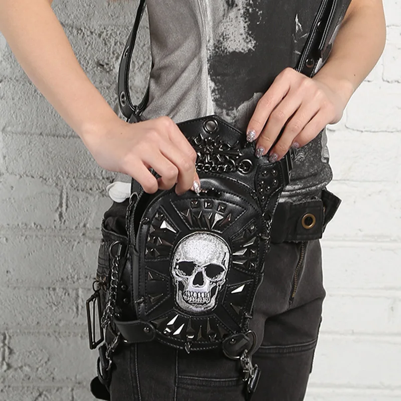 Кожаная сумка мессенджер в стиле панк с рисунком головы и черепа|cross body fanny pack|hip