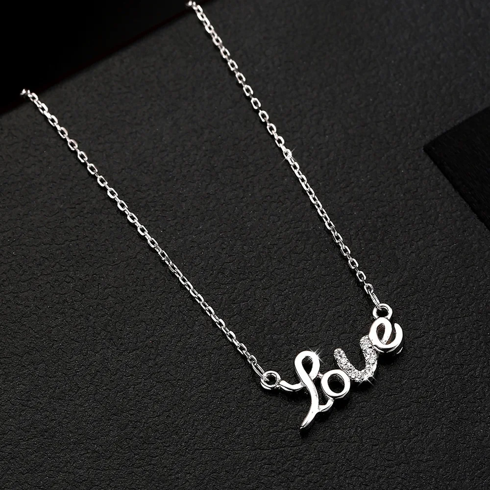Authentic 925 Sterling Silver Necklace For Women Love Word Zircon Necklaces &amp Pendants Jewelry Charms Jewellery Choker Gift M192 |