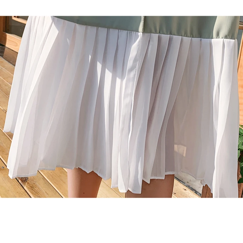 

Women Dress Notched Short Sleeve Sashes Loose Patchwork Pleated Dresses 2019 Summer Elegant Double-breasted Ladies Office Dress