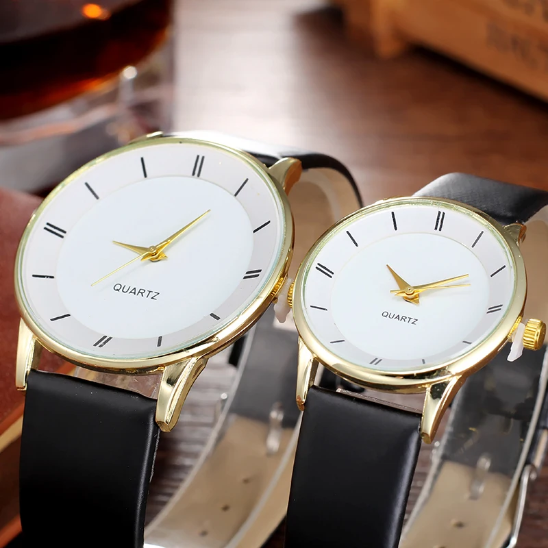 Простые Стильные парные женские кожаные часы для влюбленных Кварцевые мужские