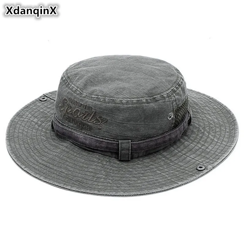 

XdanqinX 2019 Summer Men's Hat 100% Cotton Bucket Hats Travel Sun Visor Hat For Adult Men Wind Rope Fixed Adjustment Fishing Cap