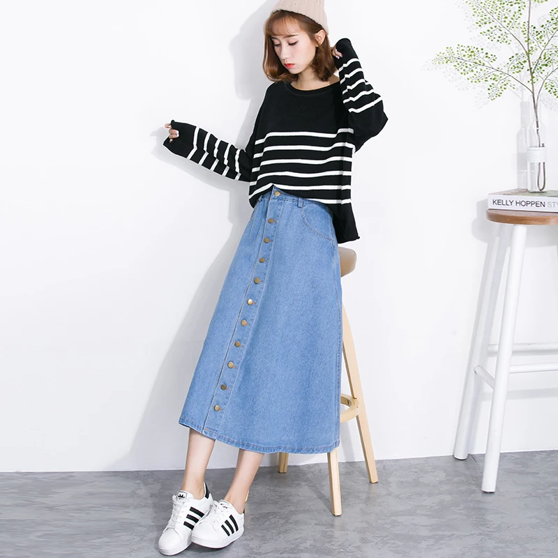 Лето 2017 женские джинсовые юбки Женщины одной кнопки линии Casual Saia джинсы