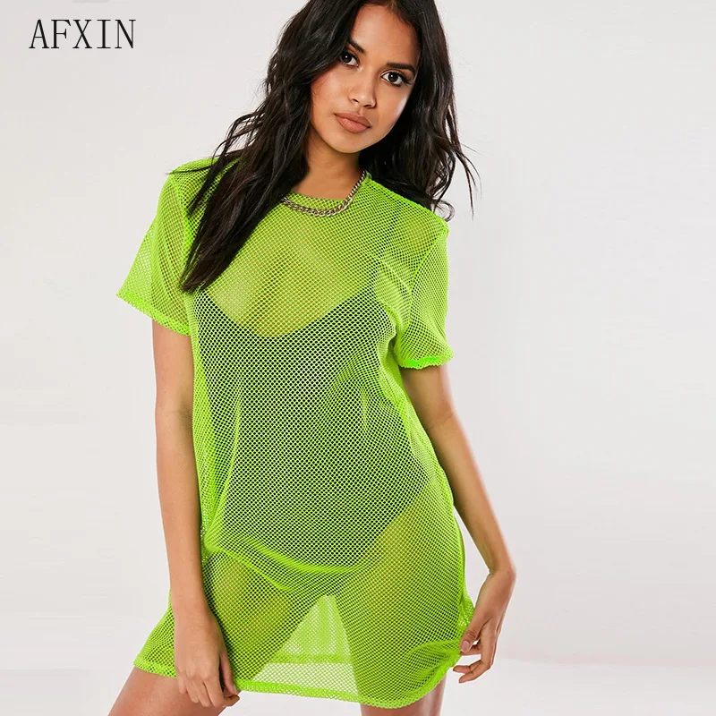 Летнее неоновое платье женская сексуальная сетчатая свободная футболка халат