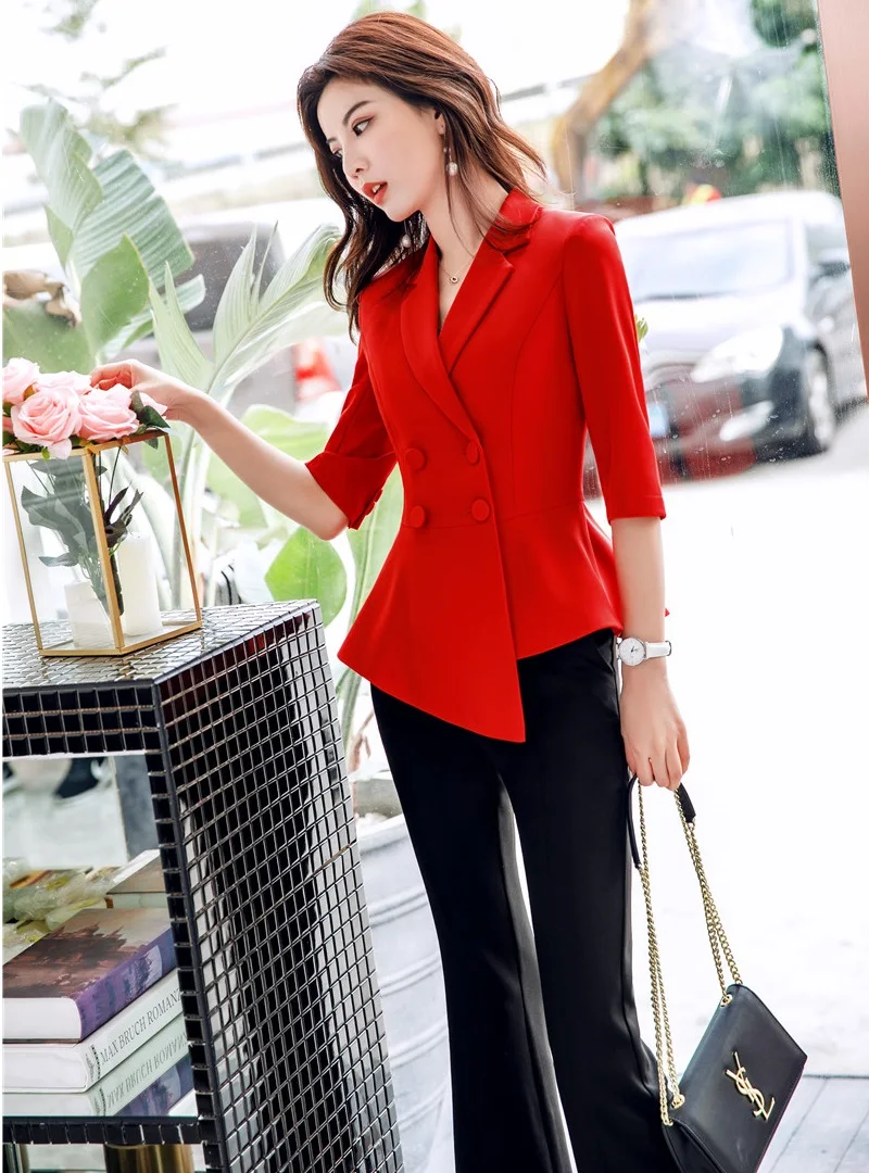 Модные красные деловые костюмы женские брючные из 2-х предметов куртка и брюки