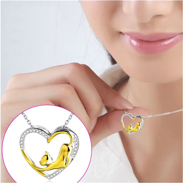 Хрустальное ожерелье с подвеской в форме сердца золотого цвета кошка роскошные