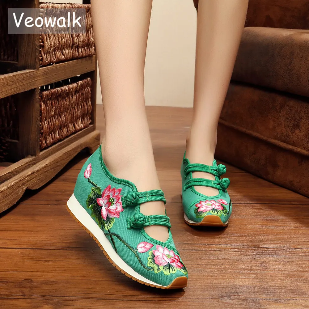 Veowalk/Дизайнерская Женская парусиновая обувь на скрытой платформе с вышивкой без