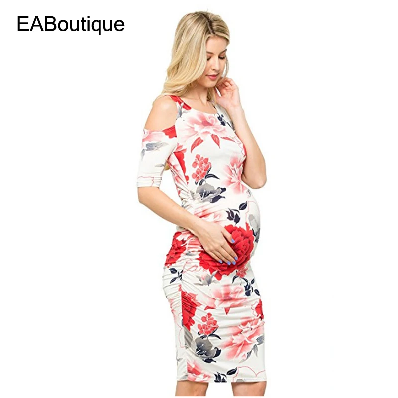 

EABoutique pregnant dress Stylish off-the-shoulder half-sleeve printed stretch wrap skirt for breastfeeding pregnant women Q0314