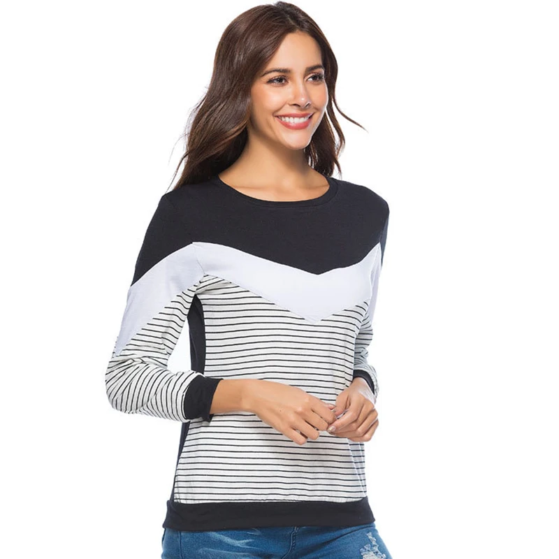 Новинка 2019 черно белые полосатые Лоскутные футболки с длинными рукавами женские