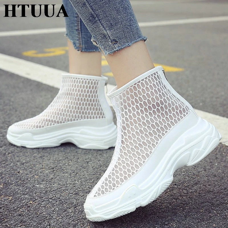 HTUUA модная летняя обувь женские открытые босоножки на платформе с сеткой толстый