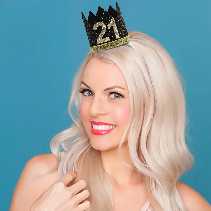 Beauty Girl 21st Birthday Hat Gold Balck Pink Priness Crown Number 21 Years Old Party Hats Glitter Queen Headband|Шляпы для