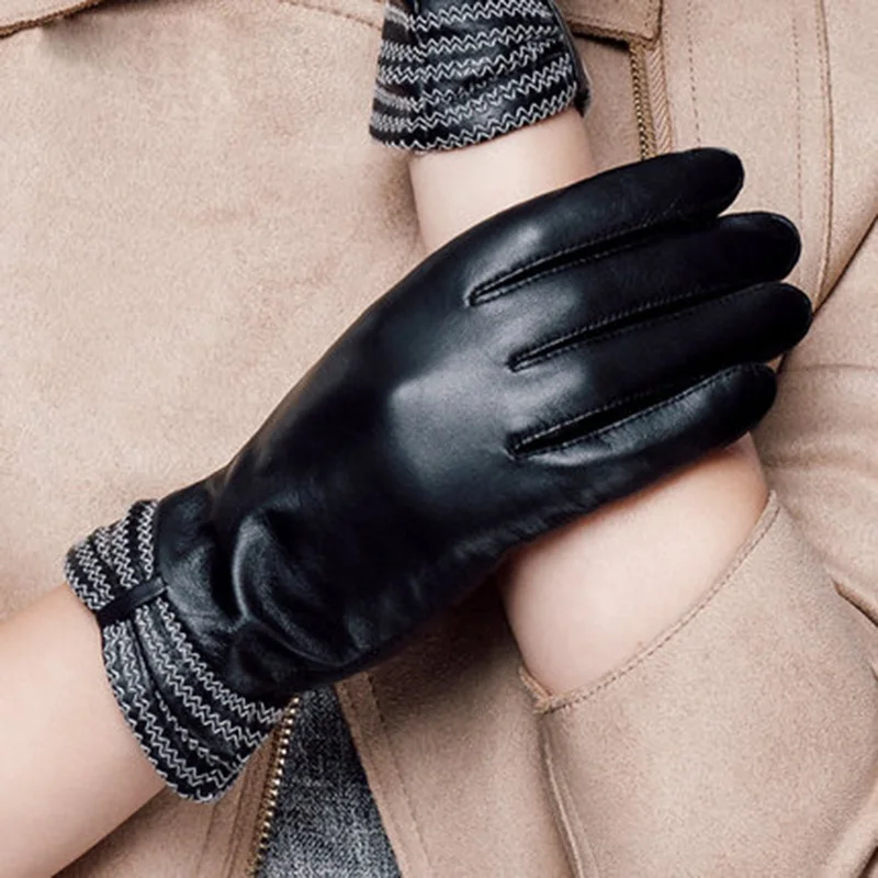 Wome Genuine Leather Gloves Fashion Sheepskin Gloves Thermal Winter Velvet Lining Finger Black Driving Glove NW623-5