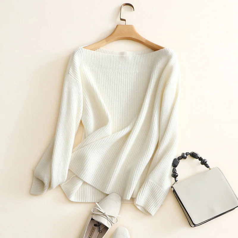 100% Cashmere Sweater Women Simple Design Slash Neck Drop-shoulder Long Sleeves 3 Colors Ladies Pullovers Knitwear 2018 Fashion | Женская