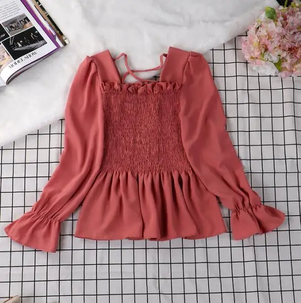 dark pink Новинка, женская летняя шифоновая блузка, секси галстук, блузки с оборками, женские тонкие однотонные рубашки с длинными рукавами, Короткие топы AB1372 - Цвет: dark pink