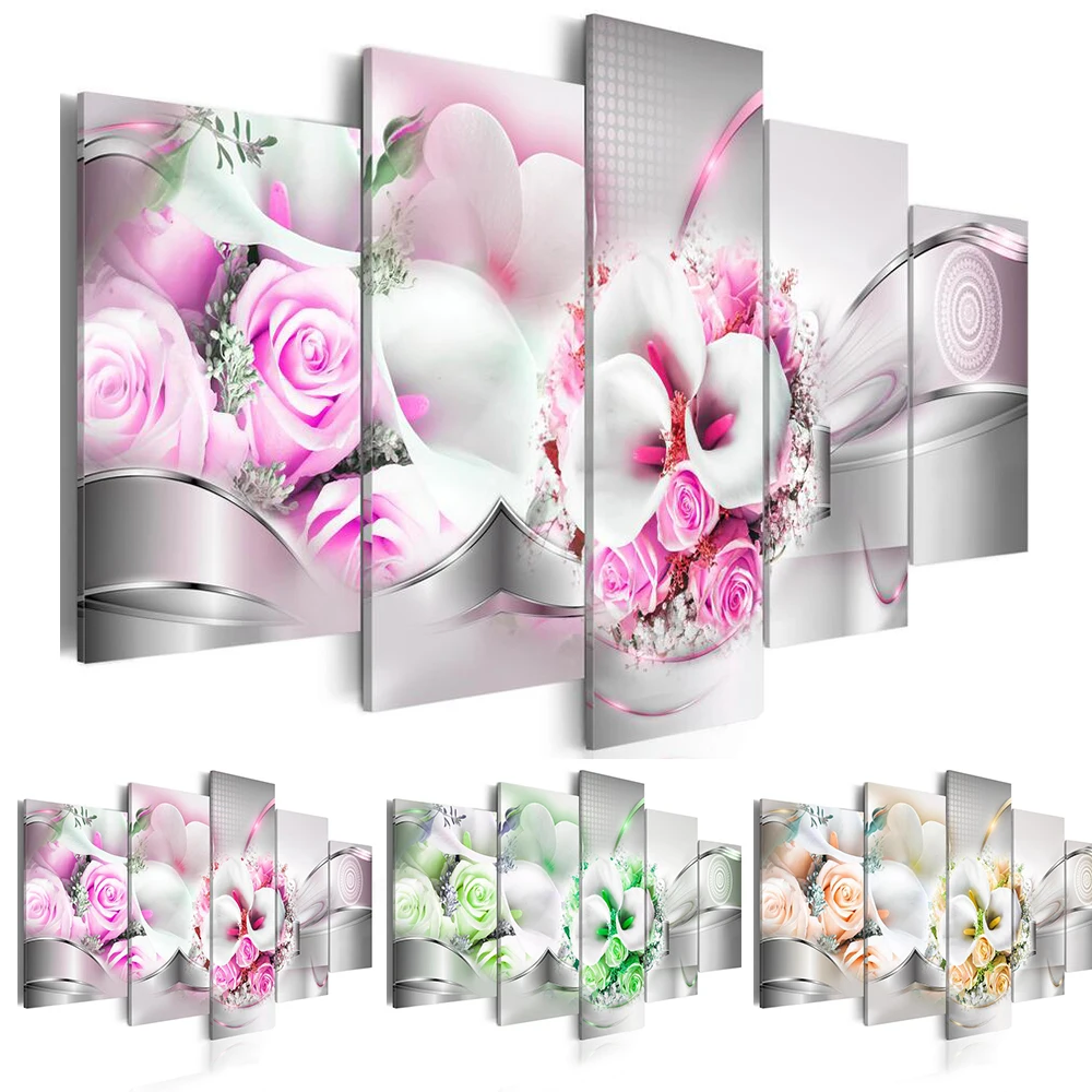 2019 HD 5PCS/Set Pink Green Orange Rose Calla Flower Art Print Frameless Canvas Painting Wall Picture Home Decoration No Frame | Дом и сад