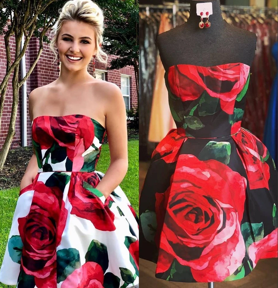 

Floral Print Roses Homecoming Dresses 2019 Short/Mini Ball Gown vestido de formatura with Pockets Cute Graduation Dress