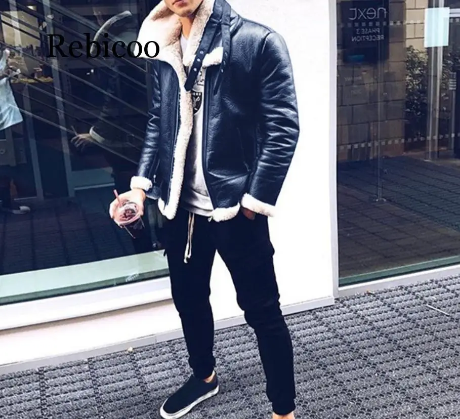 

Rebicoo 2019 New Winter Men's Leather Solid Color Zip Jacket Cardigan Jacket