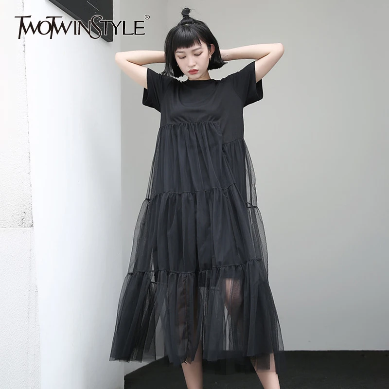 Платье с коротким рукавом TWOTWINSTYLE летнее асимметричное платье высокой талией и