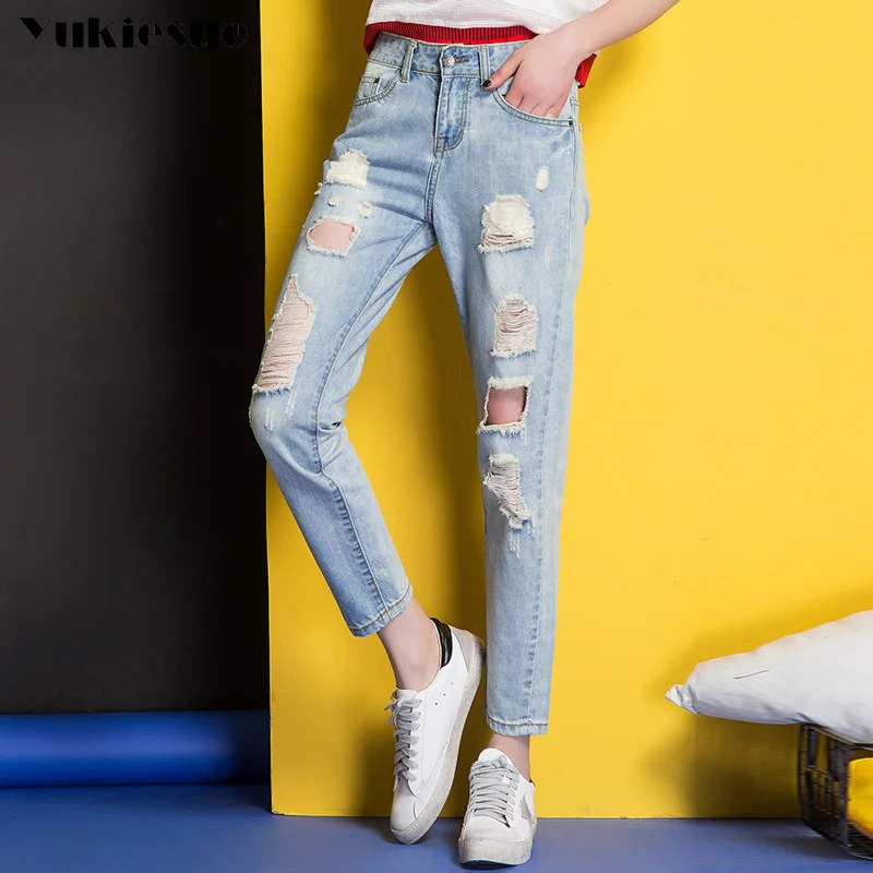 Рваные Джинсы женские летние 2017 бойфренда свободные синие длинные штаны