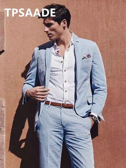 Небесно-Голубой льняной мужской костюм с зубчатым отворотом для лета пляжа