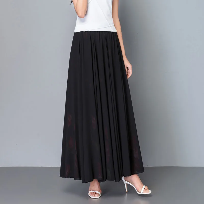 Лето 2019 Женская юбка для танцев черная Цветочная шифоновая с широким подолом