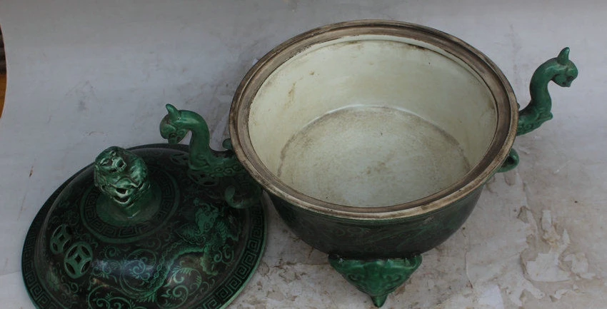 Китайский зеленый фарфор 3 ноги голова зверя Дракон ручка ладана горелки