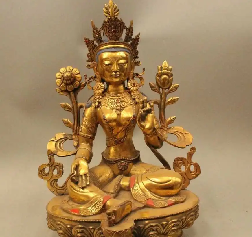 

18" China Tibet Tibetan Buddhist Bronze Gild Green Tara Bodhisattva Buddha Statue 45cm