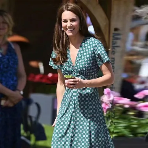 Летнее платье kate middleton элегантное зеленое платье с коротким рукавом до середины икры для женщин Настоящее фото высокое качество глубокий v-образный вырез xl