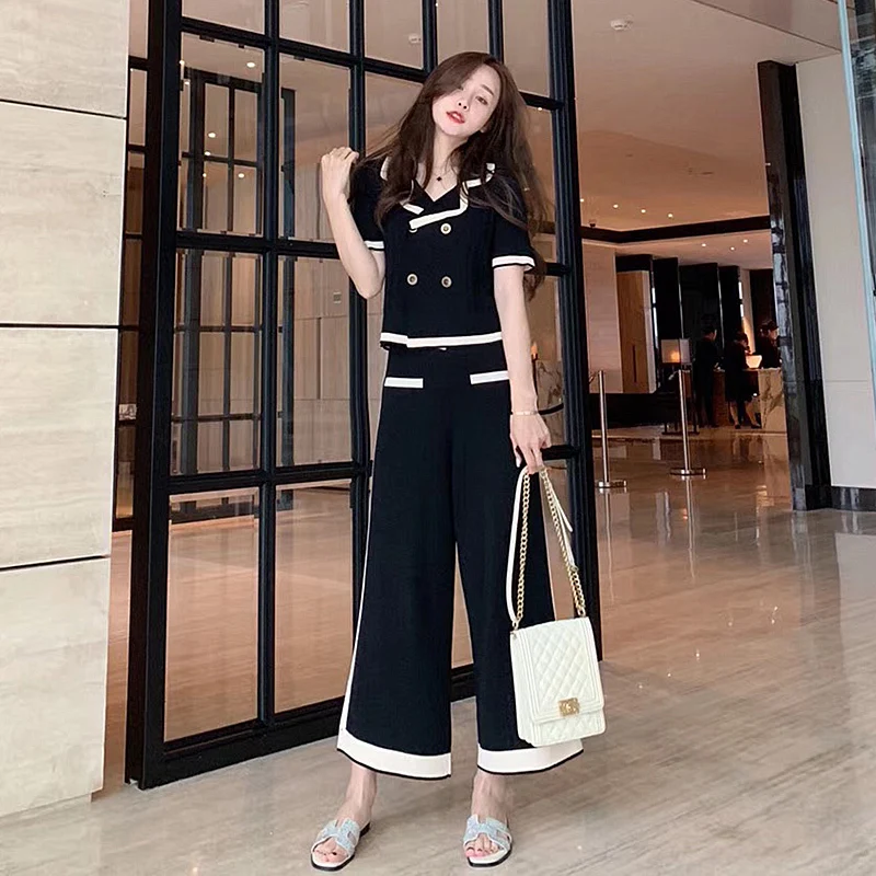 Fitaylor для женщин вязаный комплект отложной воротник короткий рукав двубортный