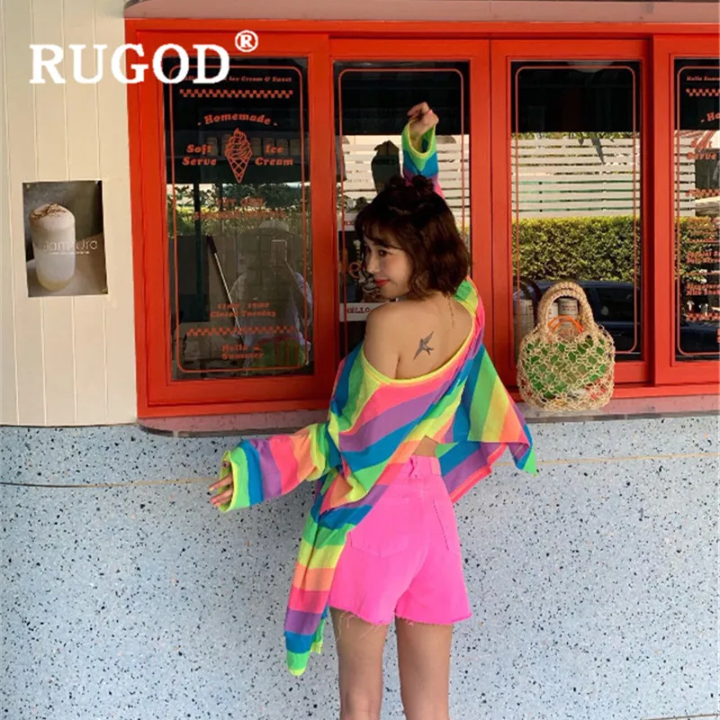 RUGOD Женские топы и блузки в радужную полоску с разрезом сзади большим круглым