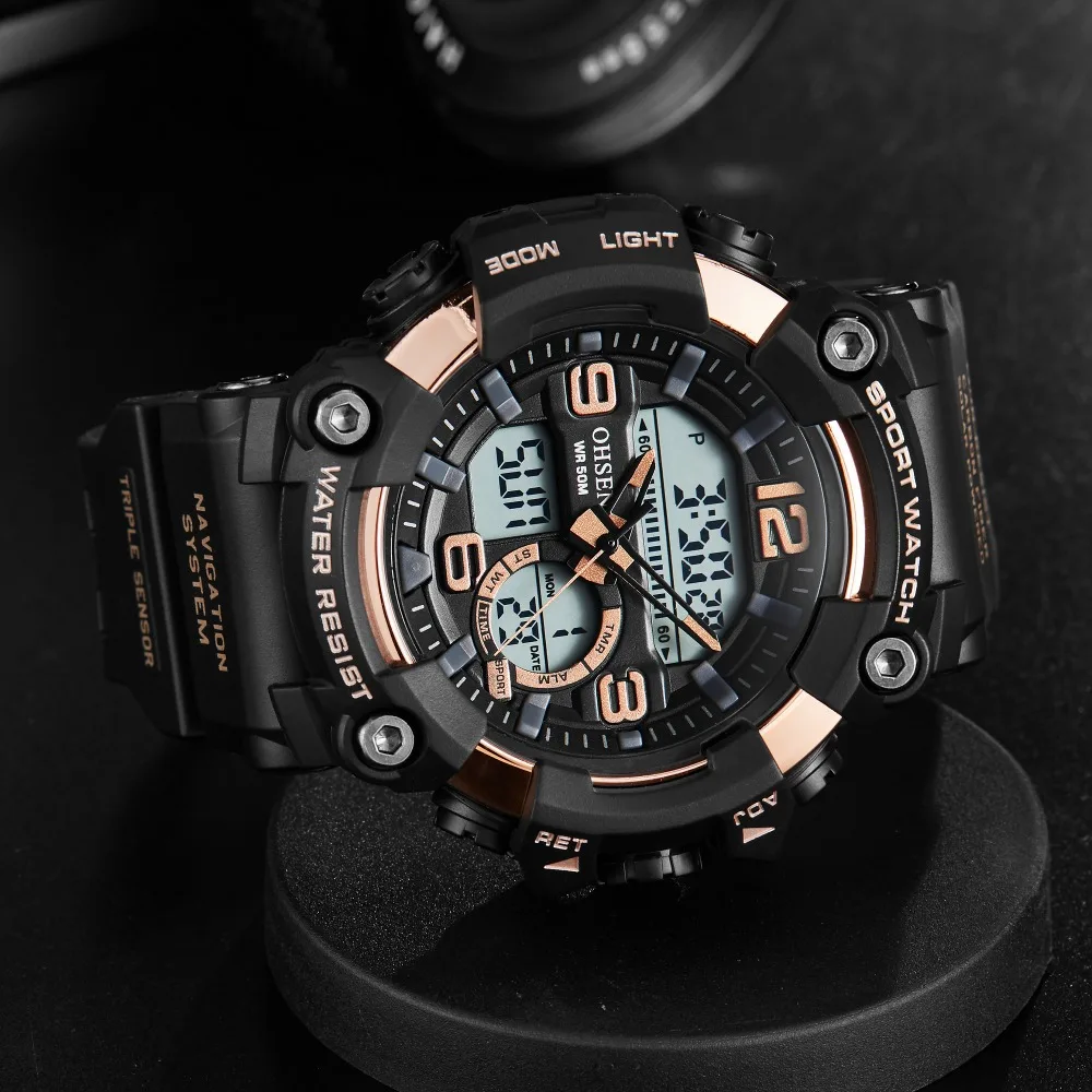 Top OHSEN Digital Quartz Sport Men Wristwatch 50M Waterproof Led Diving Rose Gold Army Military Silicone Watch relogio masculino | Наручные