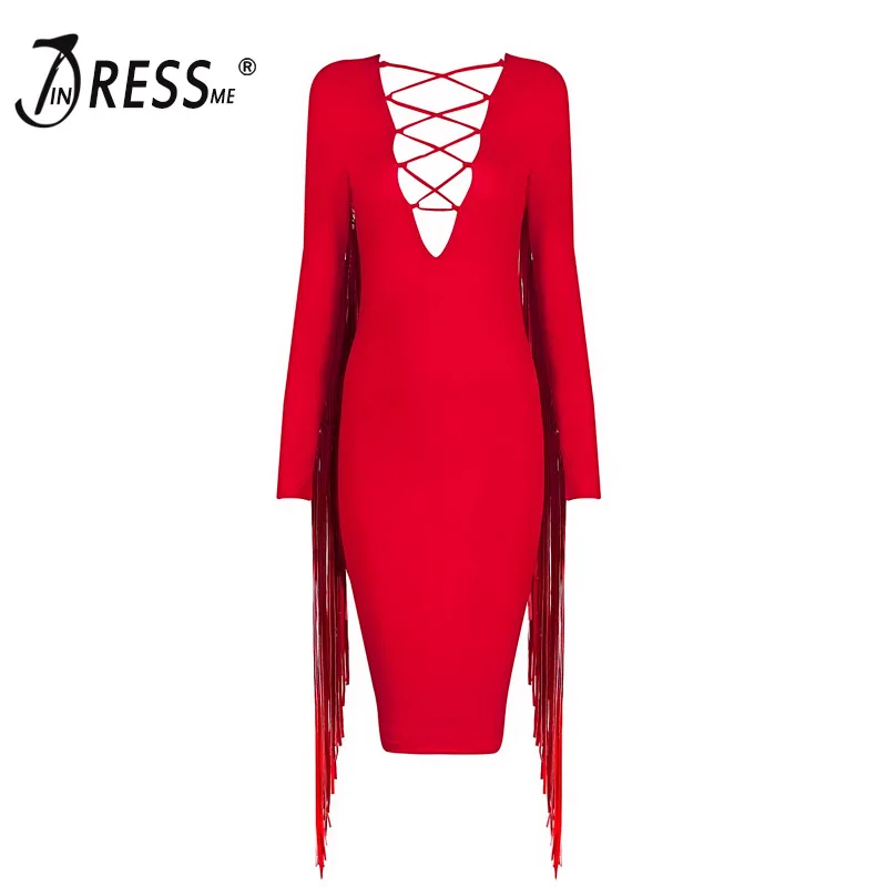 INDRESSME Красное Облегающее платье средней длины с длинным рукавом бахромой и