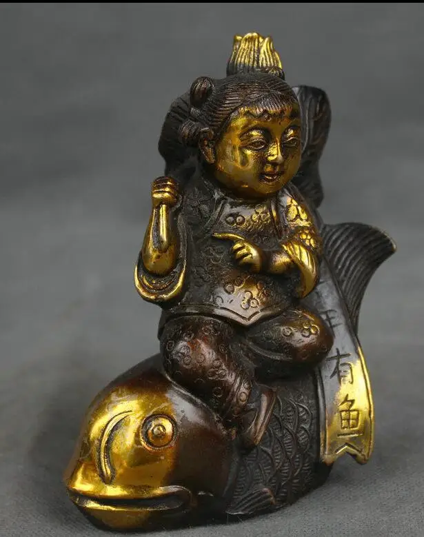 zhmui88002841329++5" Marked Old Chinese Bronze Gilt Feng Shui Boy Lad Kid Ride Fish Wealth Statue | Дом и сад