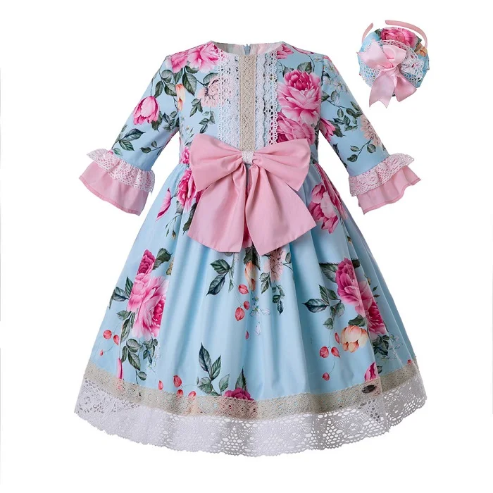 as picture Pettigirl/новейшее синее платье с цветочным принтом для девочек эксклюзивная детская одежда для дня рождения с бантом, A271(платье длиной до колена - Цвет: as picture