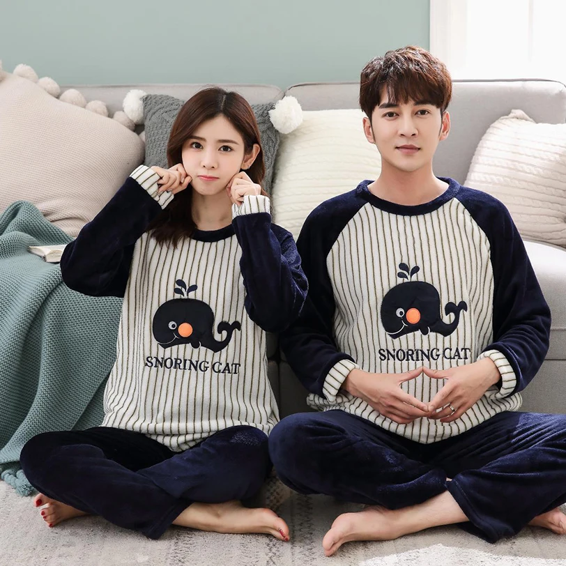2019 Winter Couples Thick Warm Flannel Pajama Sets For Women Long Sleeve Coral Velvet Pyjama Men Cute Cartoon Sleepwear Homewear | Женская