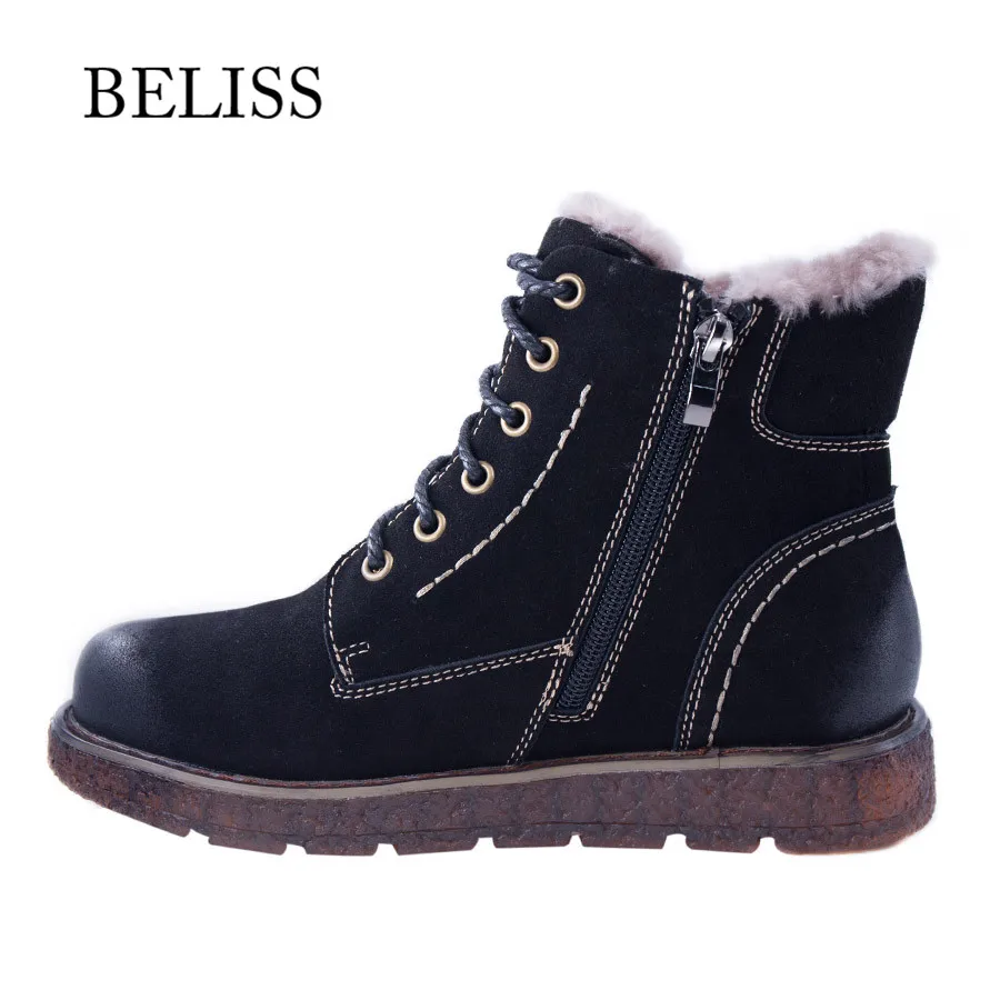BELISS ankle boots women genuine leather casual warm fur comfortable lace up flats warm winter boot for women handmade B41