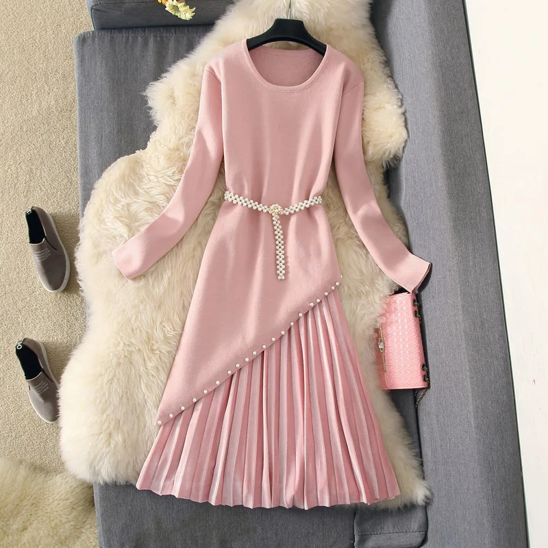 ALPHALMODA косой стильный длинный свитер + плиссированная бархатная юбка женский