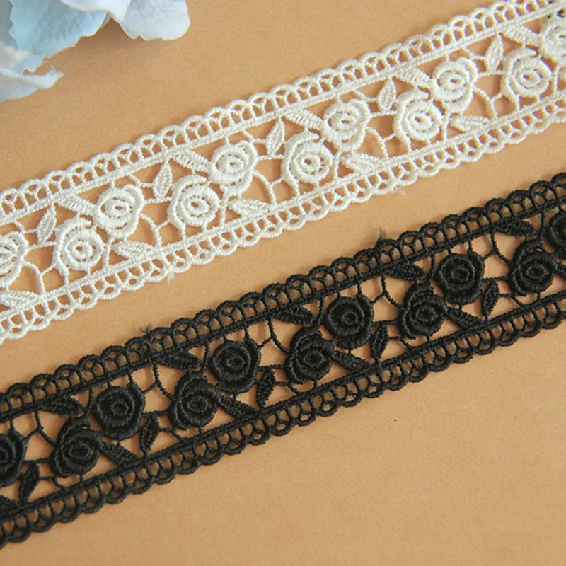 

10yards/lot 3cm wide white black rose embroidery lace trim water soluble ribbon
