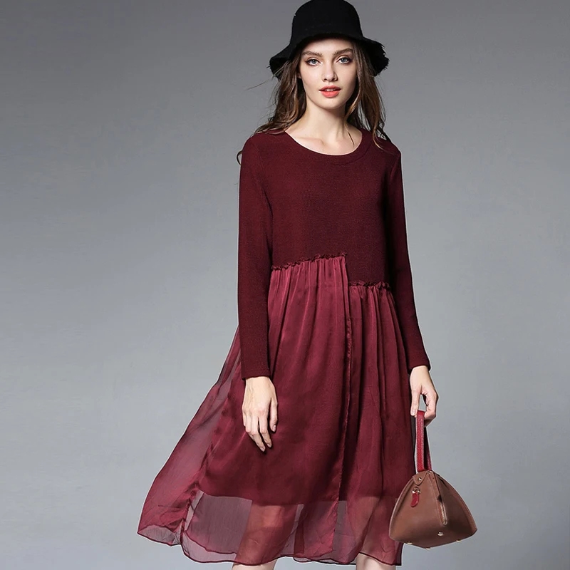 

New Autumn Winter Fashion Knitting Together Chiffon Dress Folds Slim Fit Loose Long Sleeve Crew Neck Casual Dress Bottom Dresses