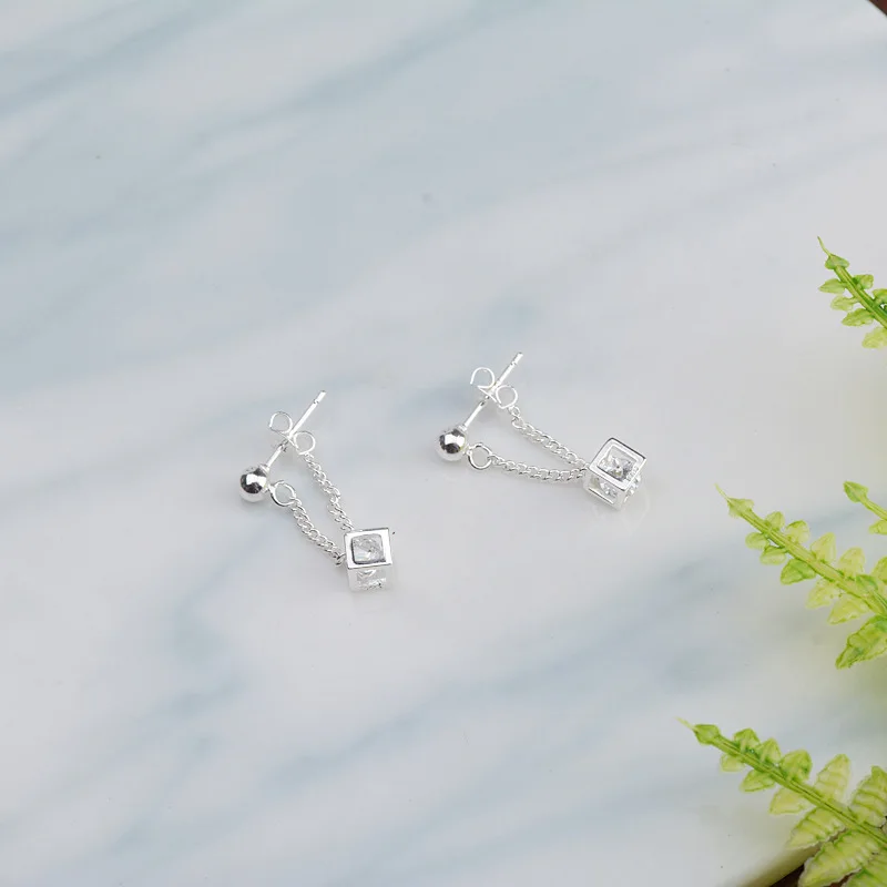 KOFSAC 2018 New Shiny CZ Square Chain Type Earrings For Women Fashion 925 Sterling Silver Stud Earring Fine Jewelry Brincos | Украшения и