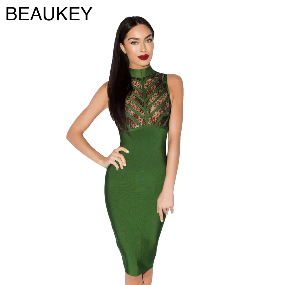 Женское облегающее платье до колен кружевное зеленое Бандажное без рукавов из