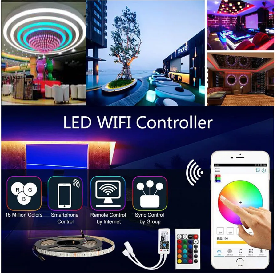 5 м 10 м 15 м RGB wifi Светодиодная лента с дистанционным управлением 2835 3528 60 Светодиодный s/M Водонепроницаемый светодиодный светильник Гибкая Диодная гирлянда комплект+ адаптер питания 12 В постоянного тока