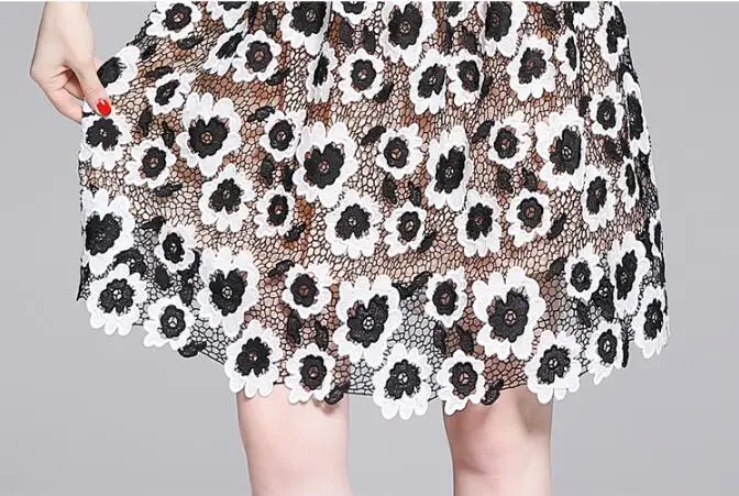 Женское кружевное платье с отложным воротником Элегантное черно белое ажурное