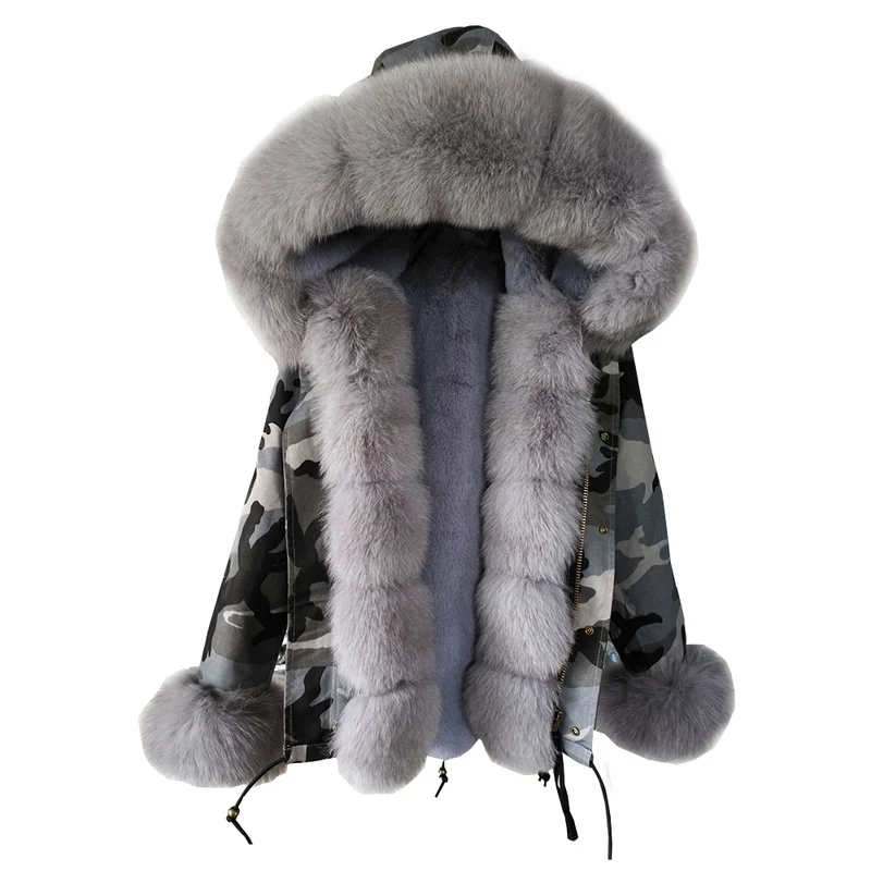 Женская куртка с натуральным лисьим мехом и воротником из меха енота теплая