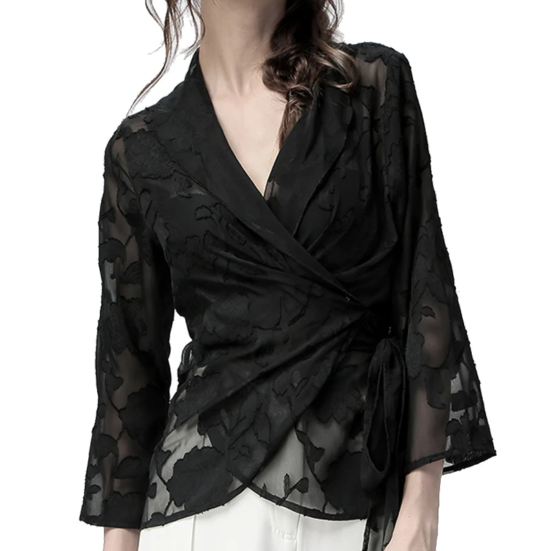 

Sexy See through Black Chiffon Floral Blouse With Bra 2 Pieces Women Summer Tops And Blouses V-Neck Long Sleeve Elegant Slim Top
