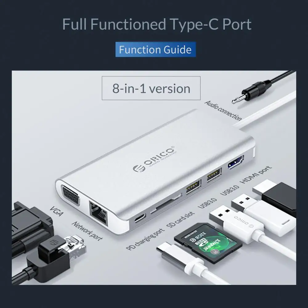 ORICO USB C концентратор type C-HDMI RJ45 VGA для MacBook samsung HUAWEI type C USB 3,0 концентратор 15 см usb-хаб - Цвет: XC-304