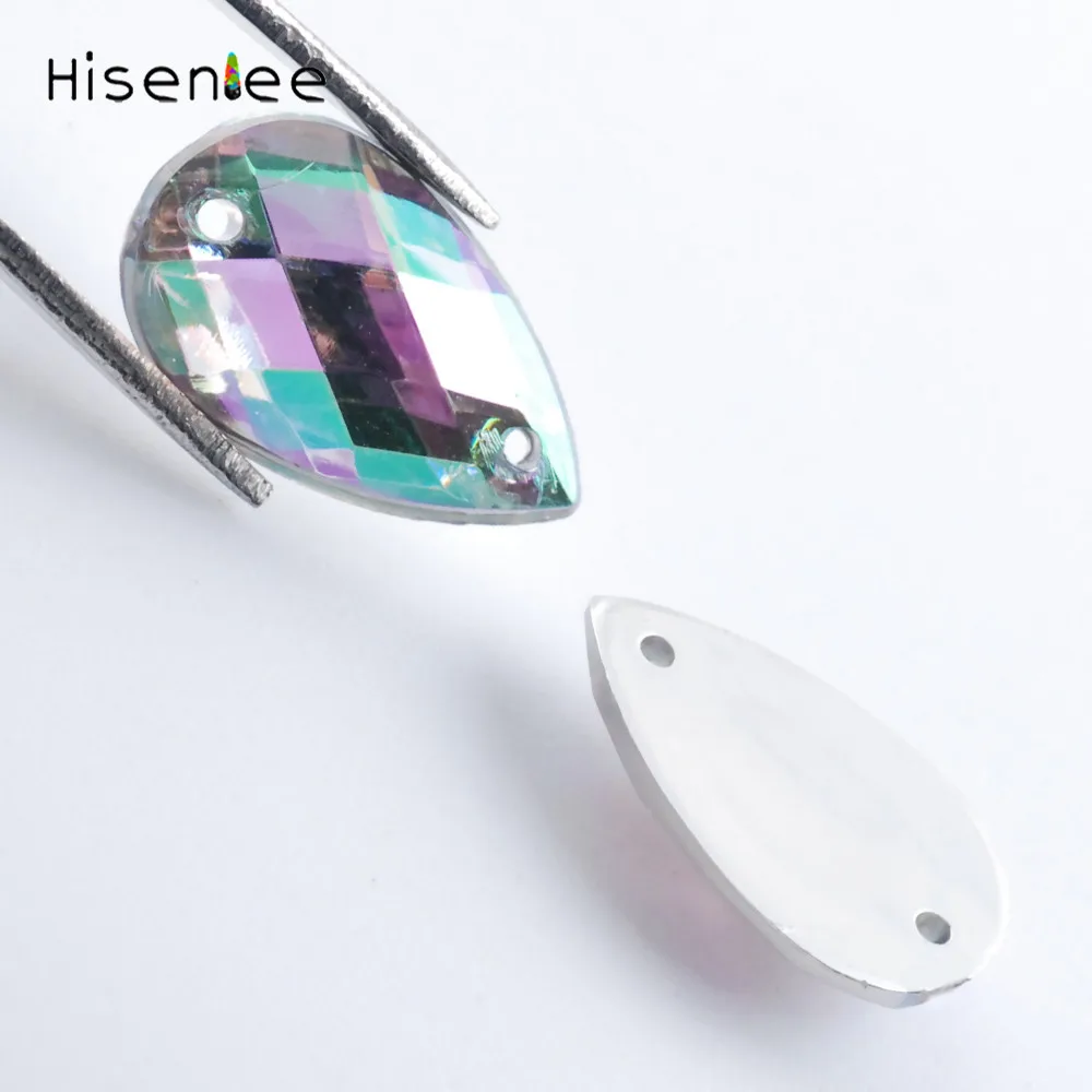 Hisenlee, 100 шт, 8x13 мм, Пришивные прозрачные AB кристаллы, каплевидные, 2 отверстия, плоская задняя сторона, акриловые Стразы для шитья, стразы для украшения своими руками - Цвет: crystal ab